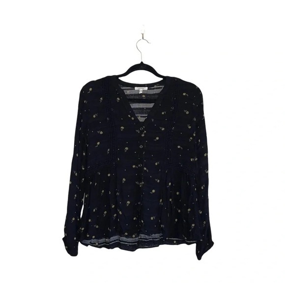Maurices Black & Yellow Ditsy Floral Print Lace Popover Blouse Medium Women’s - Picture 12 of 12